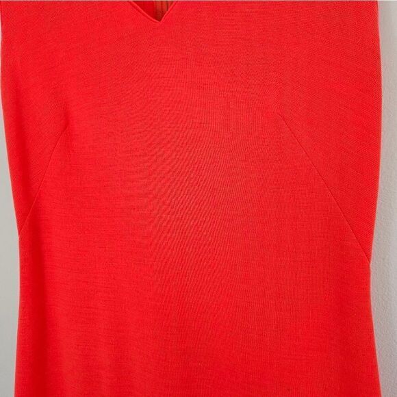 Vintage '60s Pleated Drop Waist Coral Sleeveless V-Neck Wool? Dress with Scarf 6 - Picture 7 of 15